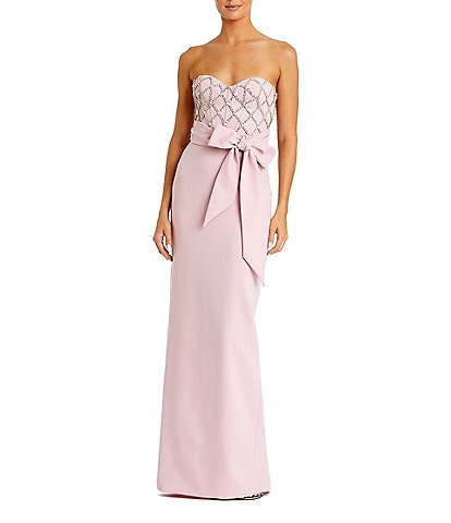 Mac Duggal Strapless Rhinestone Trim Bow Front Crepe Column Gown