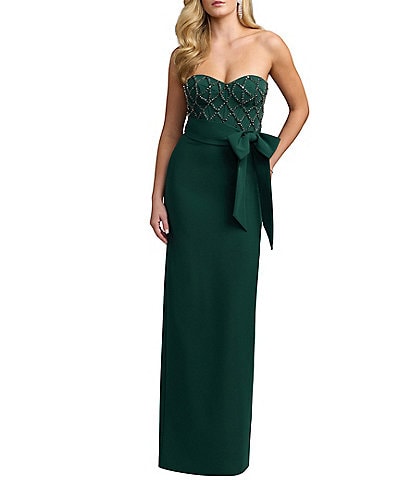 Mac Duggal Strapless Rhinestone Trim Bow Front Crepe Column Gown