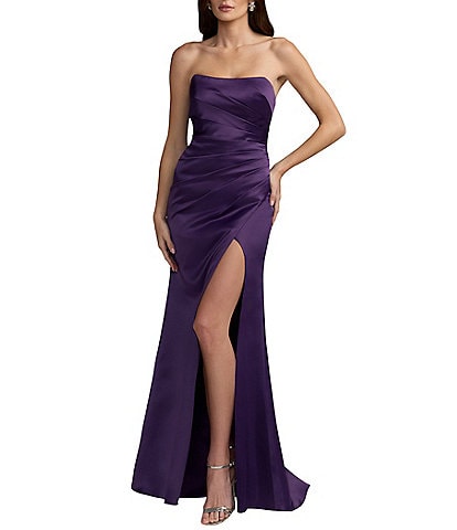 Mac Duggal Strapless Ruched Satin Sheath Gown