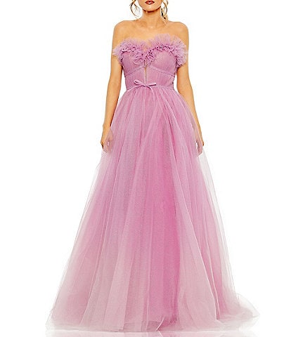 Mac Duggal Strapless Ruffle Trim Sweetheart Neck Bow Detail Glitter Tulle Ball Gown