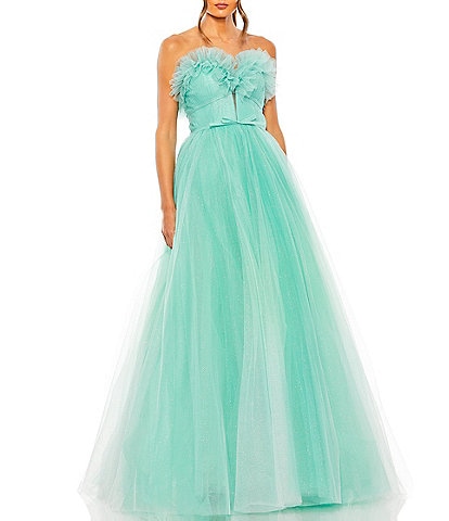 Mac Duggal Strapless Ruffle Trim Sweetheart Neck Bow Detail Glitter Tulle Ball Gown