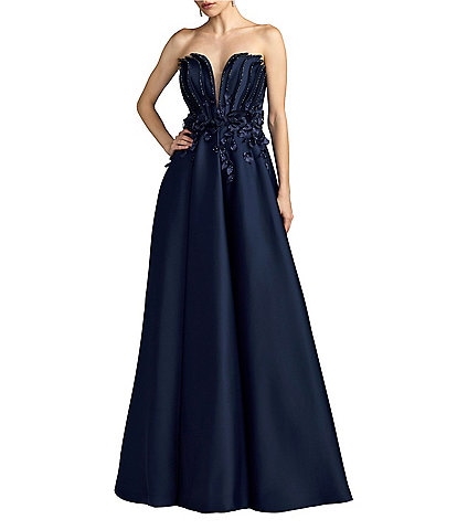 Mac Duggal Strapless Satin Floral Beaded Embellished Gown