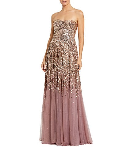 Mac Duggal Strapless Sequin Ombre Mesh Evening Gown