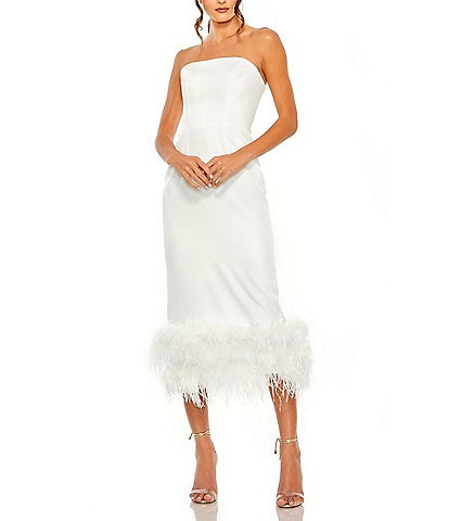 Mac Duggal Strapless Sleeveless Feather Trim Midi Dress