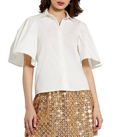 Mac Duggal Stretch Cotton Point Collar Short Ruffle Sleeve Blouse