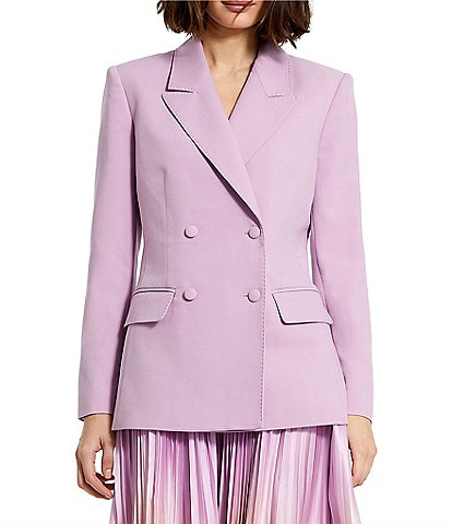 Mac Duggal Stretch Crepe Notch Lapel Collar Flap Pocket Long Sleeve Double Breasted Blazer