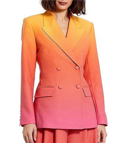 Mac Duggal Stretch Crepe Ombre Notch Lapel Collar Long Sleeve Flap Pocket Double Breasted Blazer