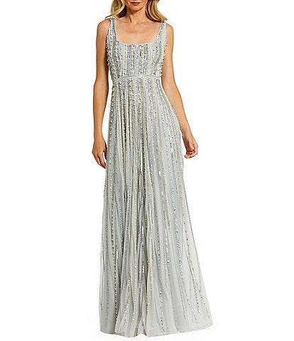 Mac Duggal Striped Beaded Embellished Mesh Scoop Neck Thin Straps Gown