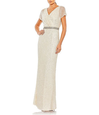Mac Duggal Surplice V-neck Short Sleeve Beaded Column Gown