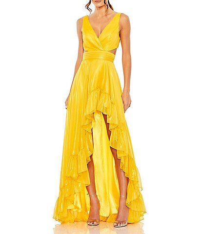 Mac Duggal Surplice V-Neck Sleeveless Cut-Out Tie Back Detail Tiered Ruffle Hem High-Low Gown
