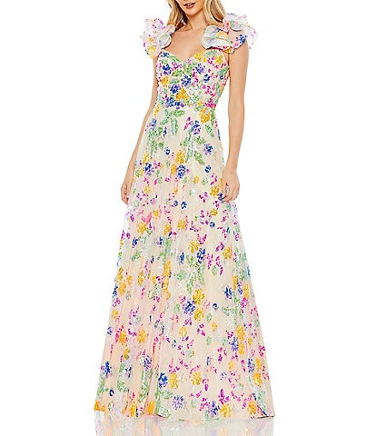 Mac Duggal Sweetheart Neck Ruffle Shoulder V-Back Sequined Lace A-Line Gown
