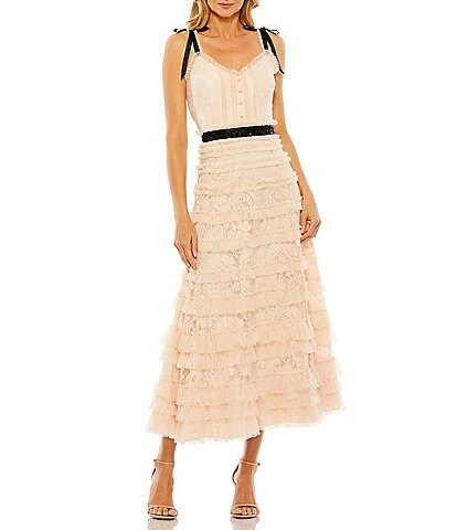 Mac Duggal Thin Beaded Bow Strap Multi Ruffle Lace Dress