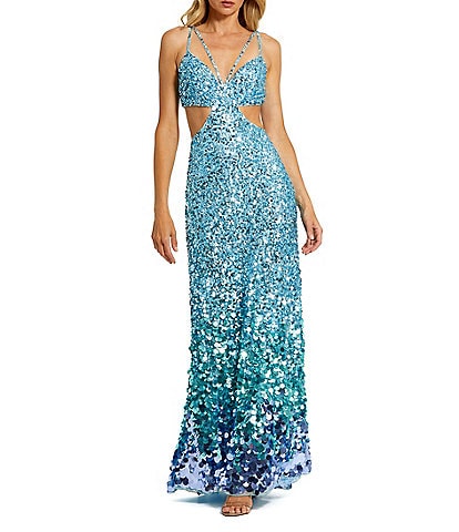 Mac Duggal Thin Strap Cut Out Ombre Sequin Gown