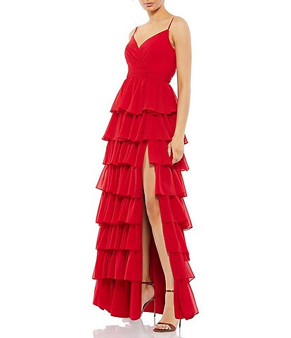 Mac Duggal Tiered Ruffle V-Neck Sleeveless V-Back Thigh High Slit A-Line Gown