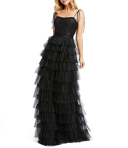 Mac Duggal Tulle Square Neck Sleeveless Tie Strap Sequin Bodice Back Detail Tiered Ruffle Gown