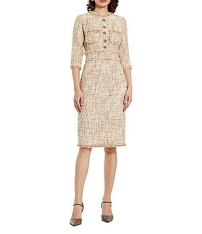 Mac Duggal Tweed Beaded Button Patch Pocket Midi Dress
