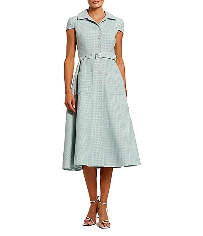 Mac Duggal Tweed Boucle Point Collar Cap Sleeve Belted Button Front Midi Dress