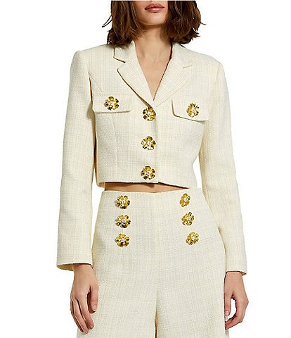 Mac Duggal Tweed Notch Lapel Long Sleeve Decorative Floral Button-Front Flap Pocket Cropped Coordinating Jacket