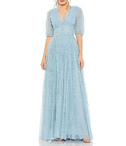 Mac Duggal V-Neck 3/4 Sleeve Embellished Tiered Ruffled A-Line Gown