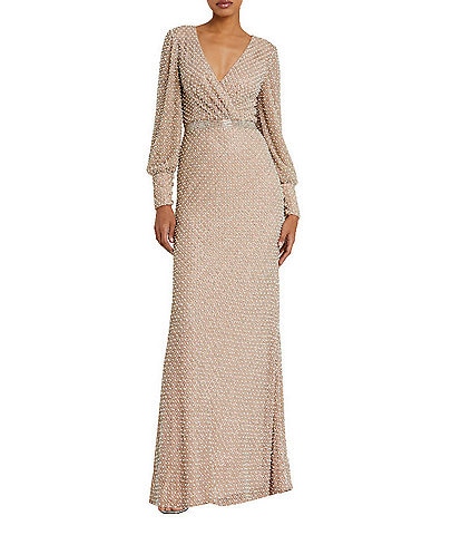 Mac Duggal V-Neck Bishop Sleeve Beaded Column Gown