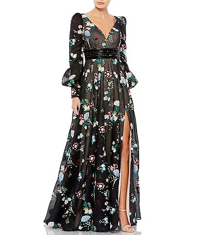 Mac Duggal V-Neck Bishop Sleeve Beaded Waist Floral Embroidered Gown