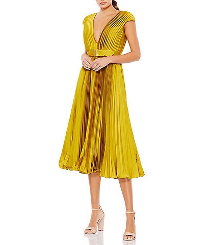 Mac Duggal V-Neck Cap Sleeve Pleated Satin Belted A-Line Midi Dress