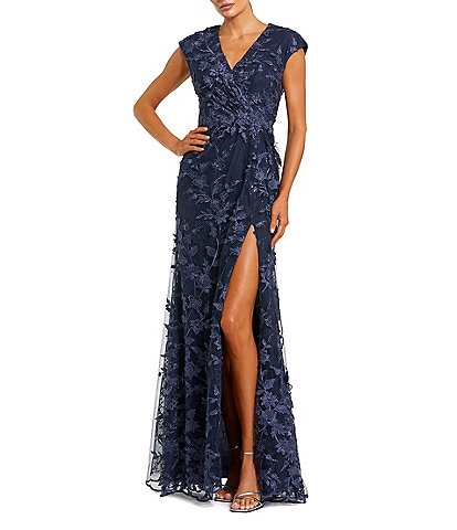 Mac Duggal V Neck Embroidered Mesh A Line Gown