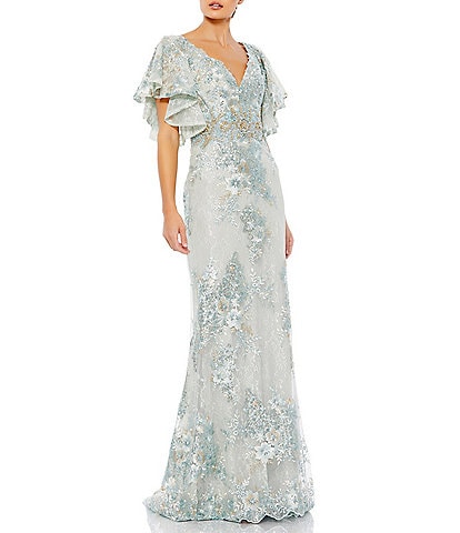 Mac Duggal V-Neck Flutter Sleeve Embroidered Lace Column Gown