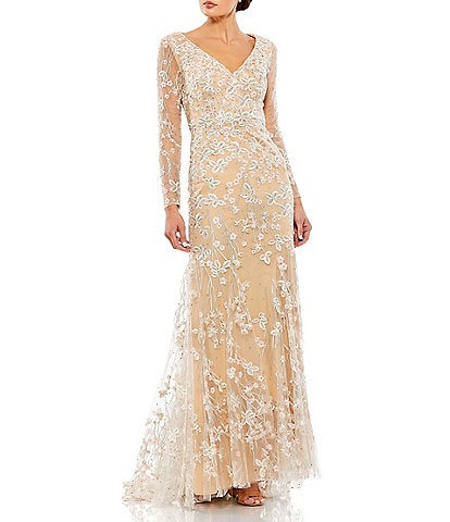 Mac Duggal V-Neck Illusion Long Sleeves Embroidered Mesh Trumpet Gown