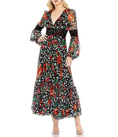 Mac Duggal V-Neck Lace Trim Printed Chiffon Long Sleeve Ruffle Hem Midi A-Line Dress