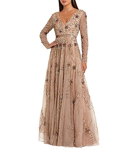 Mac Duggal V Neck Long Sleeve Beaded Mesh A-Line Gown