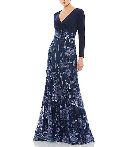 Mac Duggal V-Neck Long Sleeve Embellished Floral Applique Gown