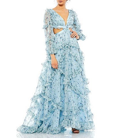 Mac Duggal V-Neck Long Sleeve Floral Print Chiffon Cut Out A-Line Gown