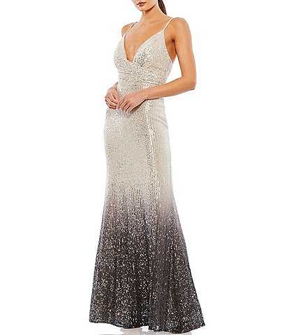 Mac Duggal V-Neck Low Back Ombre Sequin Sheath Gown