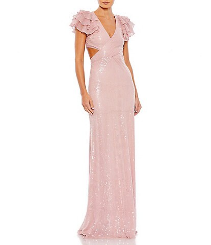 Mac Duggal V-Neck Ruffle Cap Sleeve Cut-Out Open Strappy Corset Back Gown