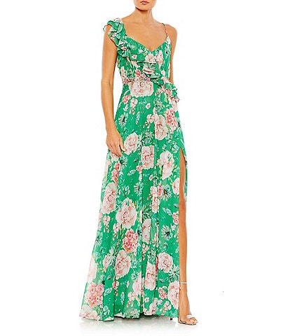 Mac Duggal V-Neck Ruffle Front Floral Print Chiffon A-Line Gown