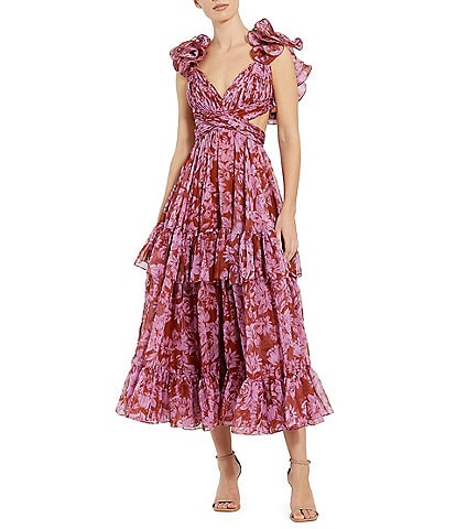 Mac Duggal V-neck Ruffle Shoulder Cut-Out Tiered Midi Dress