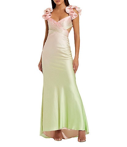 Mac Duggal V-Neck Ruffle Shoulder Side Cut Out Ombre Charmeuse Satin Sheath Gown