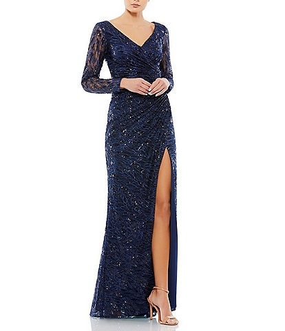 Mac Duggal V-Neck Sequined Faux Wrap Gown