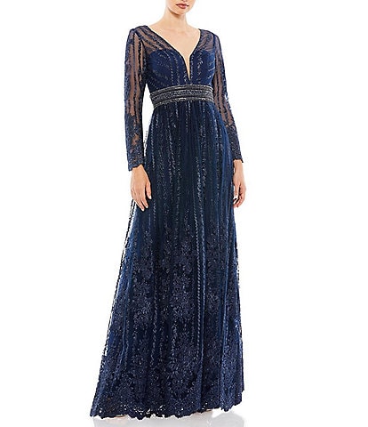 Mac Duggal Mesh Deep V-Neck Sheer Long Sleeve Beaded Belt Sequin Gown