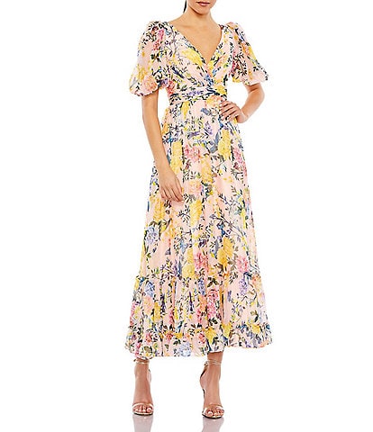 Mac Duggal V-Neck Short Puffed Sleeve Tiered Hem Floral Print Dress