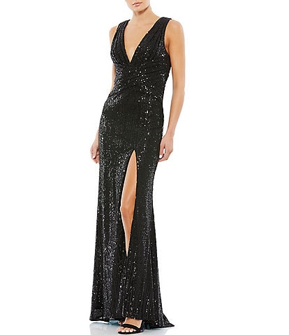 Mac Duggal V-Neck Sleeveless Ruched Waist Front Slit Sequin Gown