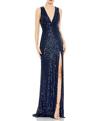 Mac Duggal V-Neck Sleeveless Ruched Waist Front Slit Sequin Gown