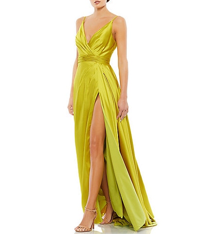 Mac Duggal V-Neck Sleeveless Thigh High Slit Faux Wrap Ruched Waist Gown