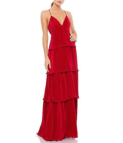 Mac Duggal Deep V-Neck Sleeveless Strappy Back Detail Tiered A-Line Gown