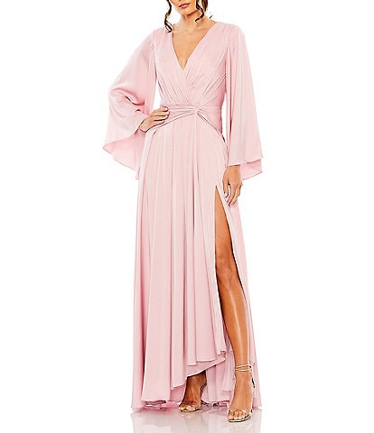 Mac Duggal V-Neckline Long Full Sleeve Side Slit Asymmetrical Hem Gown