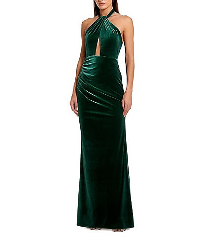 Mac Duggal Velvet Halter Twist Neck Open Front Draped Sheath Gown