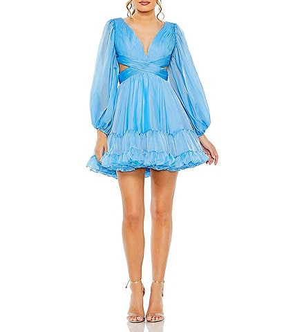 Mac Duggal V-Neck Chiffon Long Sleeve Cut Out Mini Dress