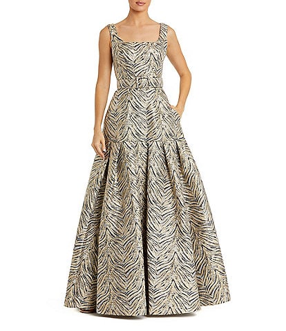 Mac Duggal Zebra Print Brocade Jacquard Square Neck Sleeveless Belted Ball Gown