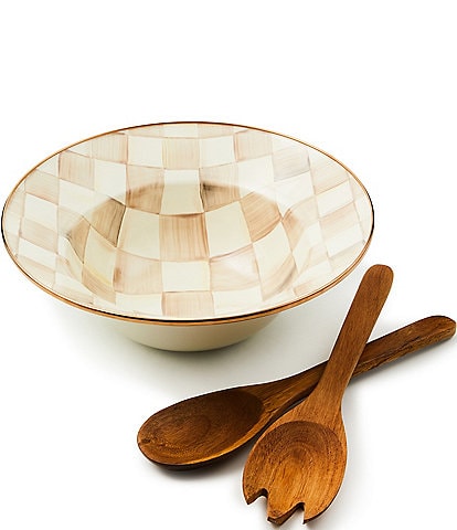 MacKenzie-Childs Check Enamel Salad Serving Bowl & Wood Server Set